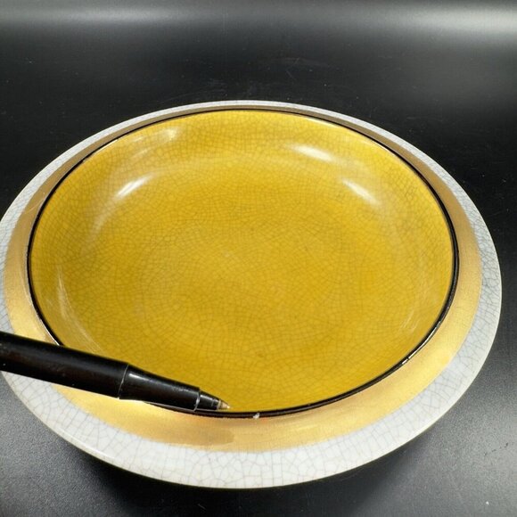 MCM Fitz And Floyd Crackle Finish Ashtray Yellow Center Trinket Dish Plate VTG - Picture 6 of 15